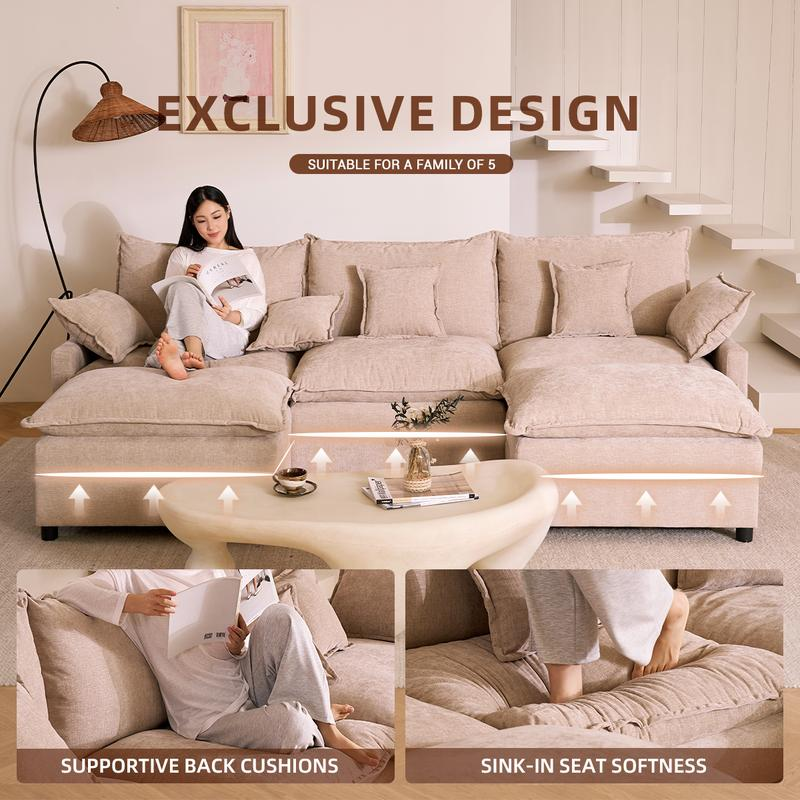 Woman reading on the sofa, labelled exclusive design, suitable for a family of 5, with close-ups of the supportive back cushions and sink-in seat