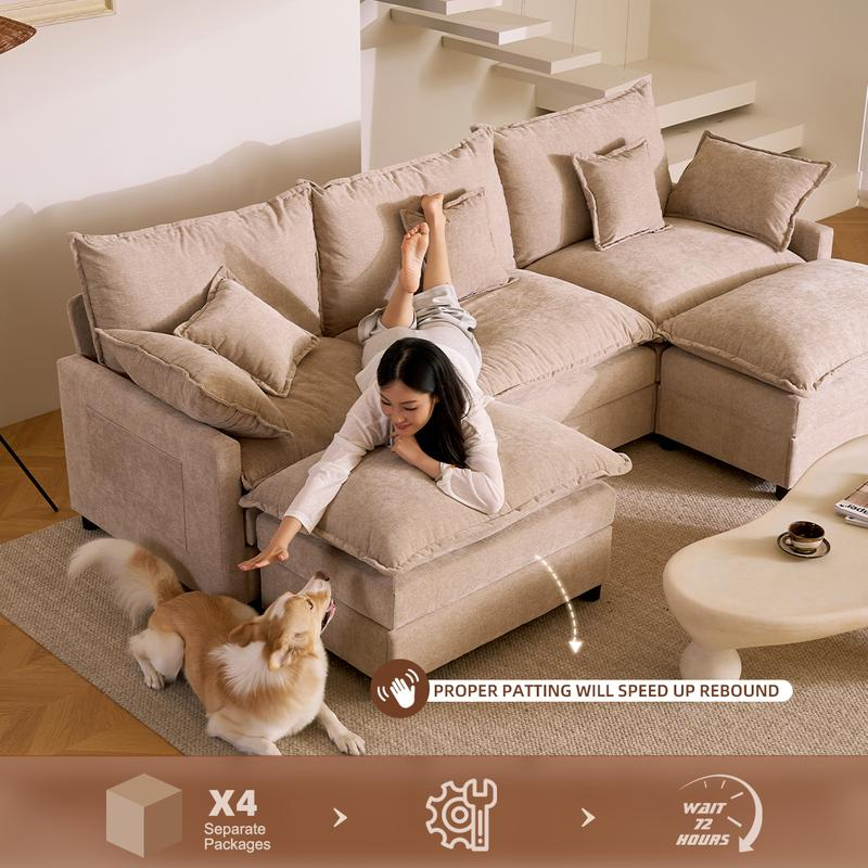 Woman and dog on the sofa with a note that it ships in 4 separate packages and cushions need time to fully loft