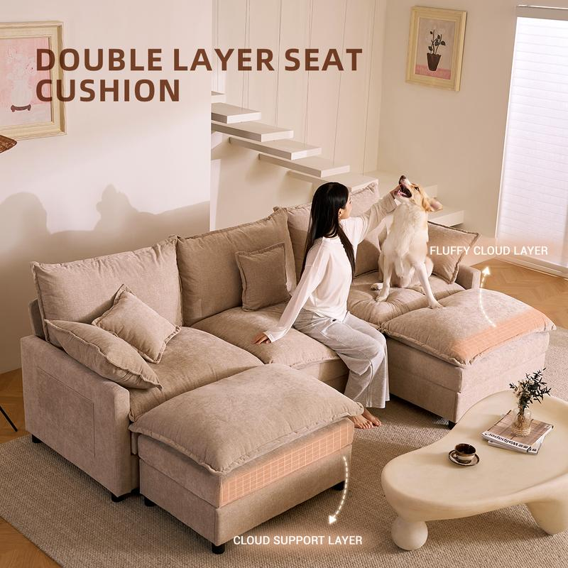 Close-up of the double-layer seat cushion with a dog on the sofa, showing the fluffy cloud layer over the supportive base layer