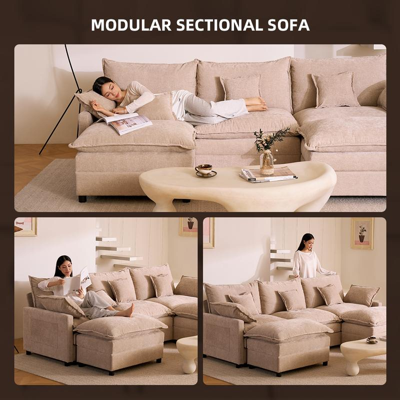 Three angles of the modular sofa showing how the ottomans and cushions can be rearranged